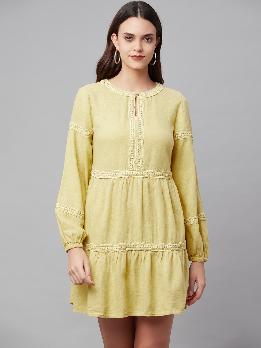 

Marks & Spencer Women Yellow Solid Lace Inserts A-Line Mini Dress