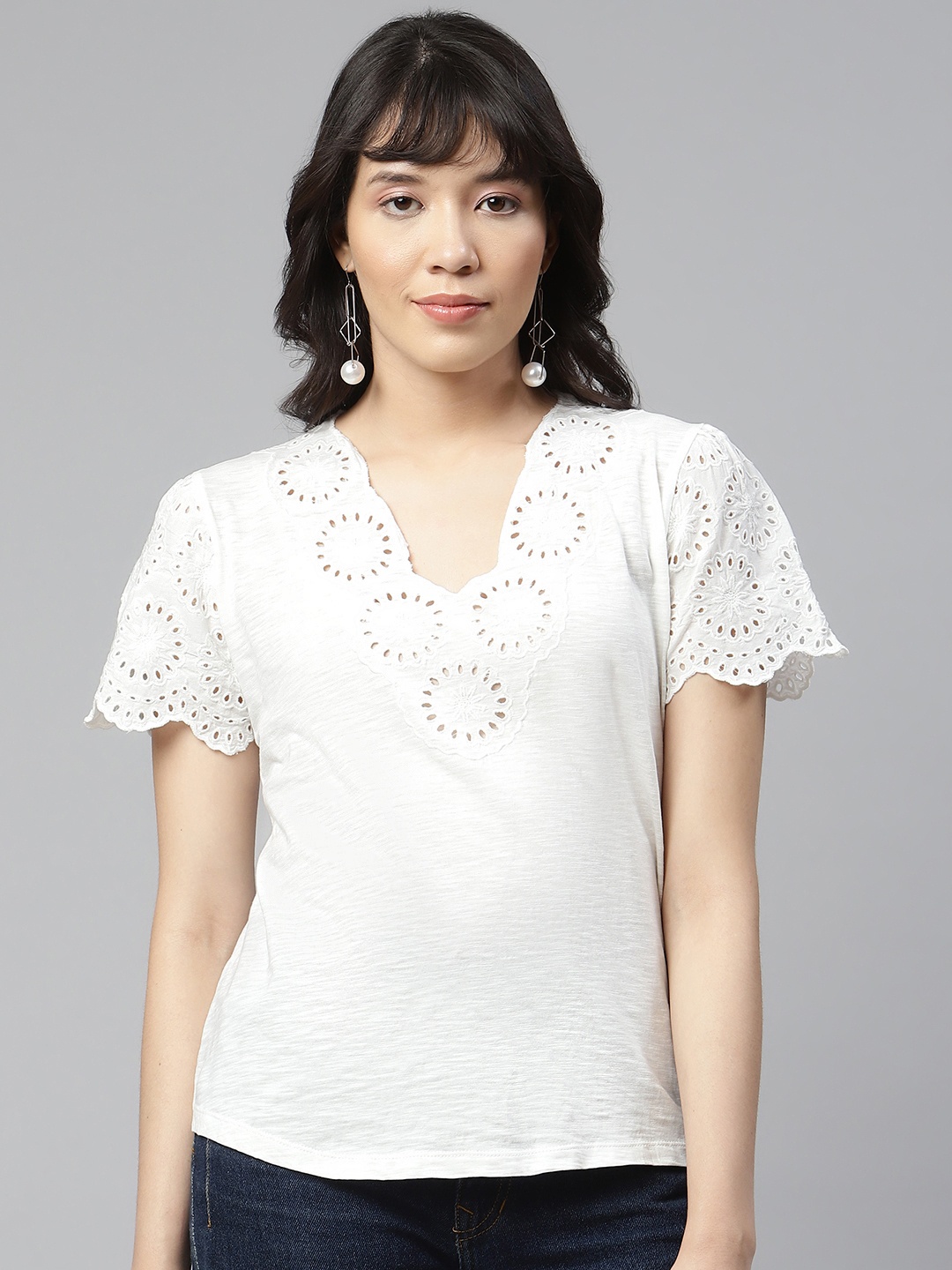 

Marks & Spencer White Pure Cotton Floral Embroidered Monochrome Top