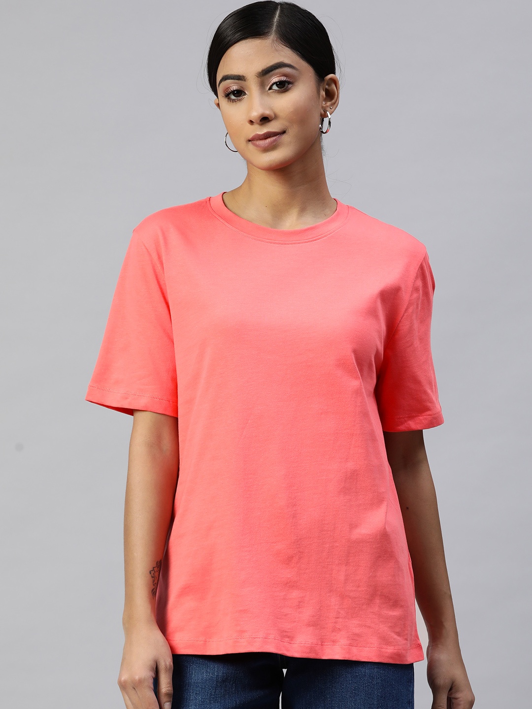 

Marks & Spencer Women Coral Pink Pure Cotton Solid Straight Fit T-shirt
