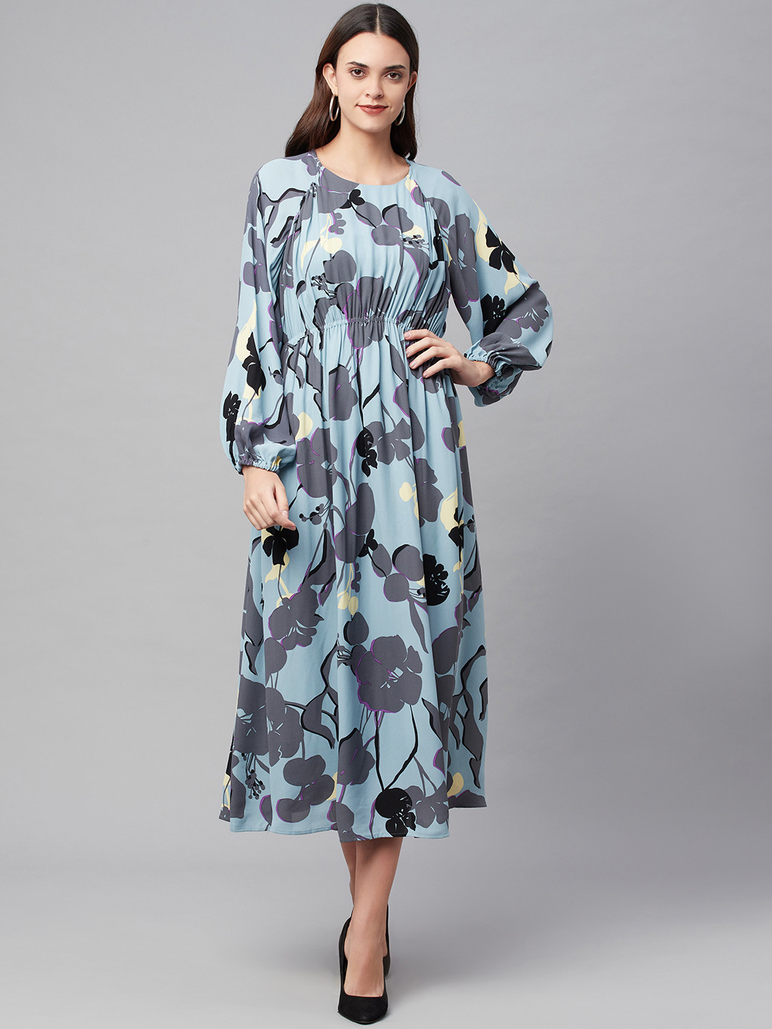 

Marks & Spencer Women Blue & Grey Floral Printed A-Line Midi Dress