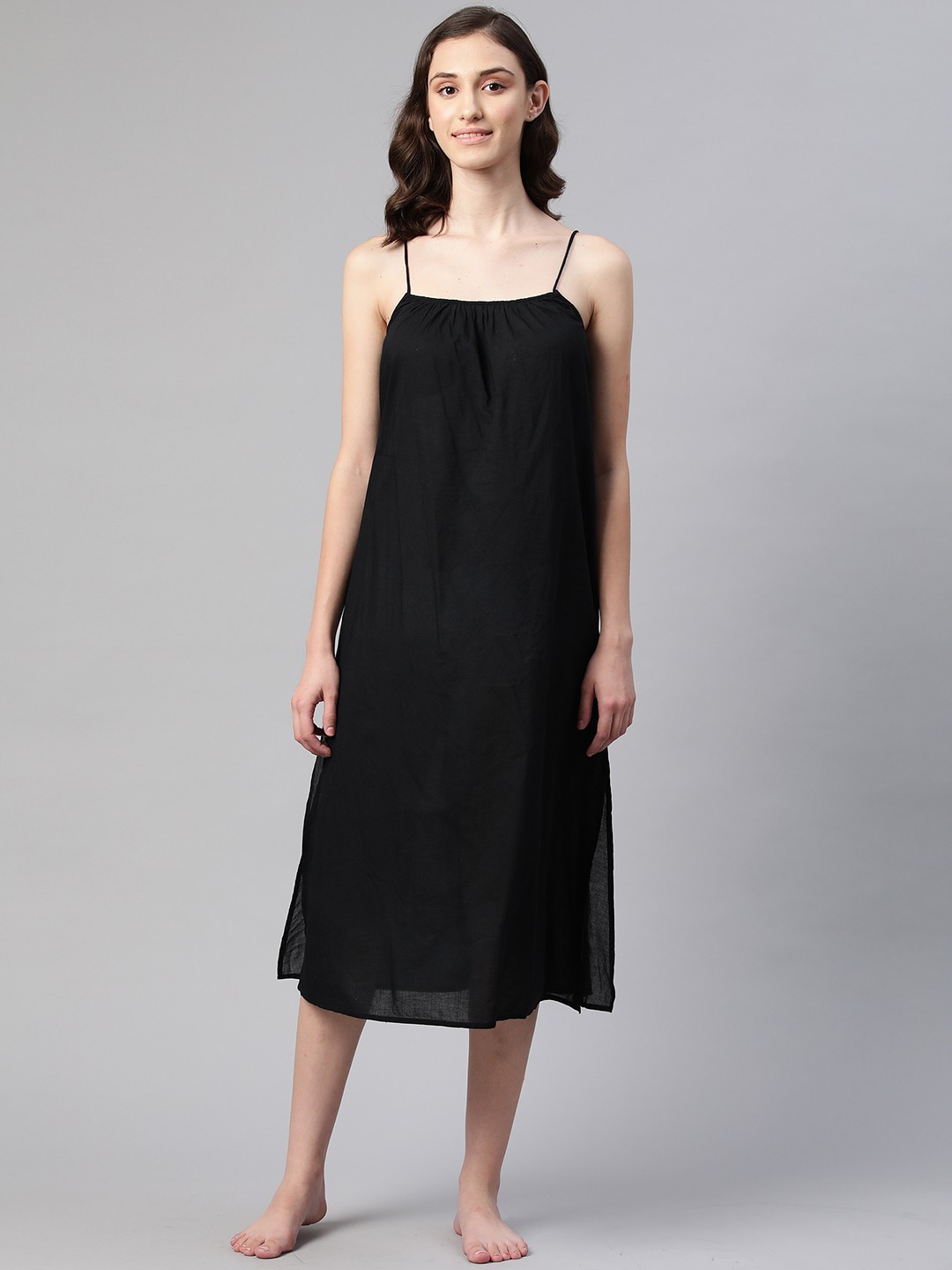

Marks & Spencer Black Cotton Solid Strappy Cover-Up Dress