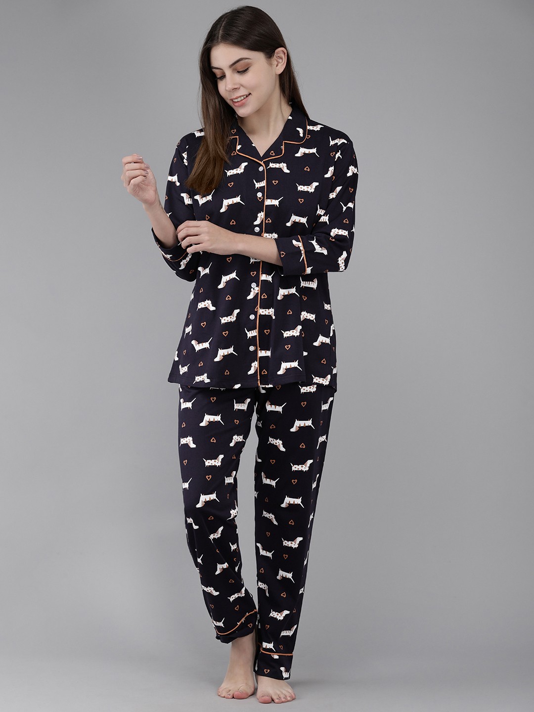 

Zeyo Women Navy Blue Printed Cotton Night suit