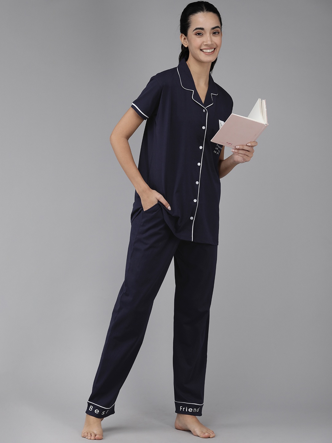 

Zeyo Women Navy Blue Printed Cotton Night suit