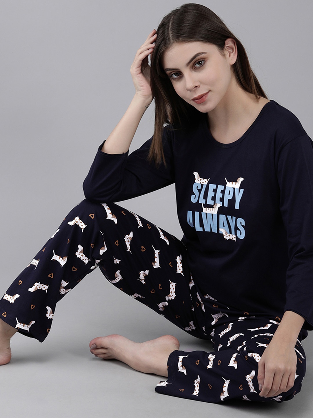 

Zeyo Women Navy Blue Printed Night suit