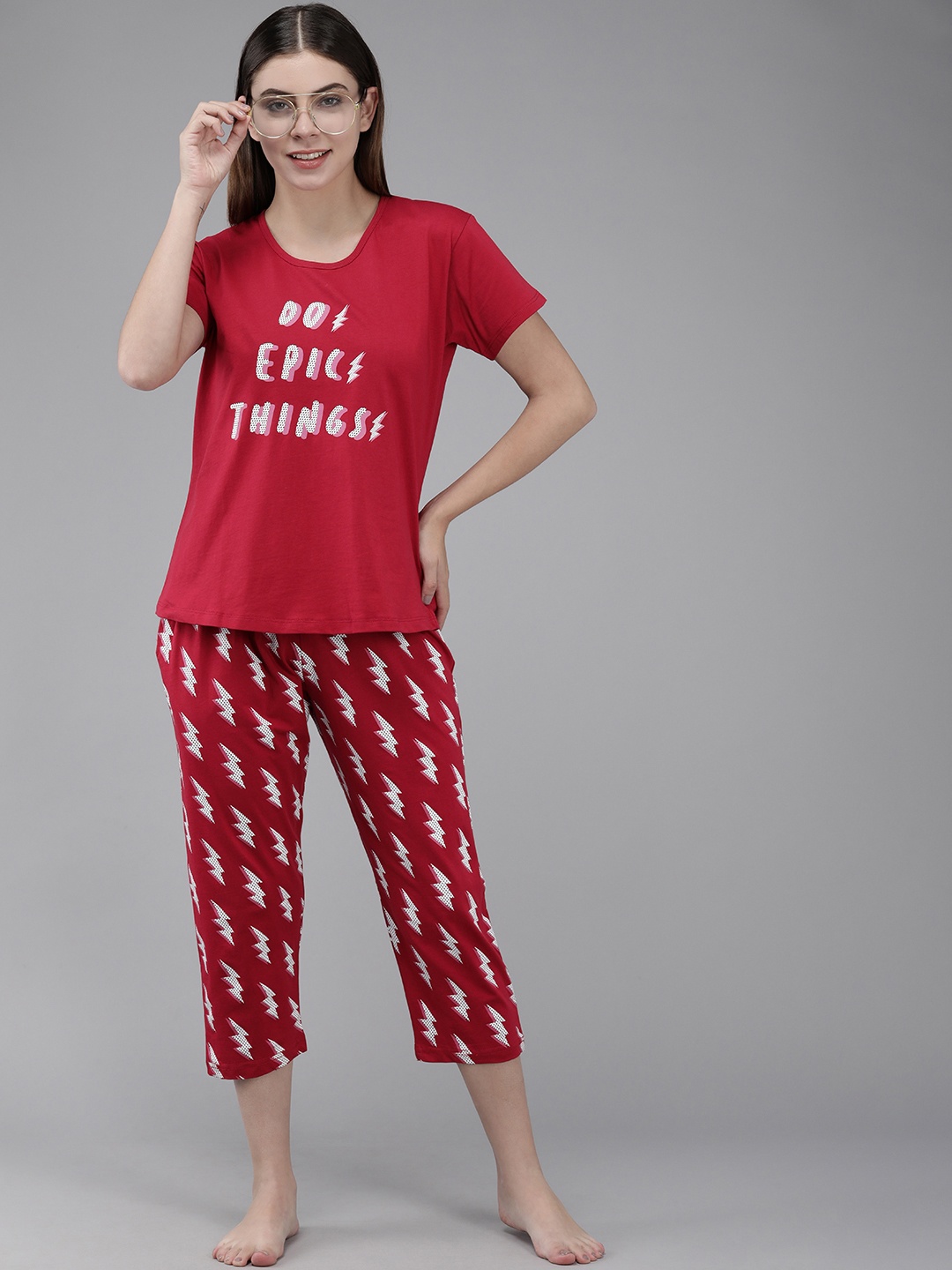 

Zeyo Women Red & Off White Night suit