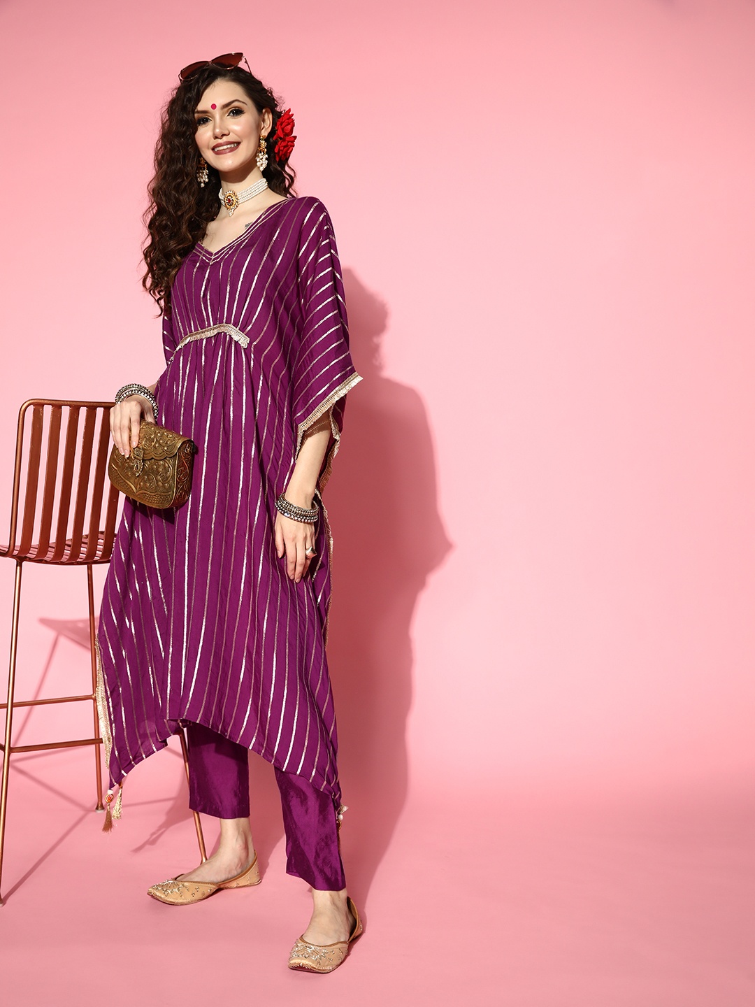 

Varanga Women Striped Silk Blend New Age Kaftan Kurta Set, Purple
