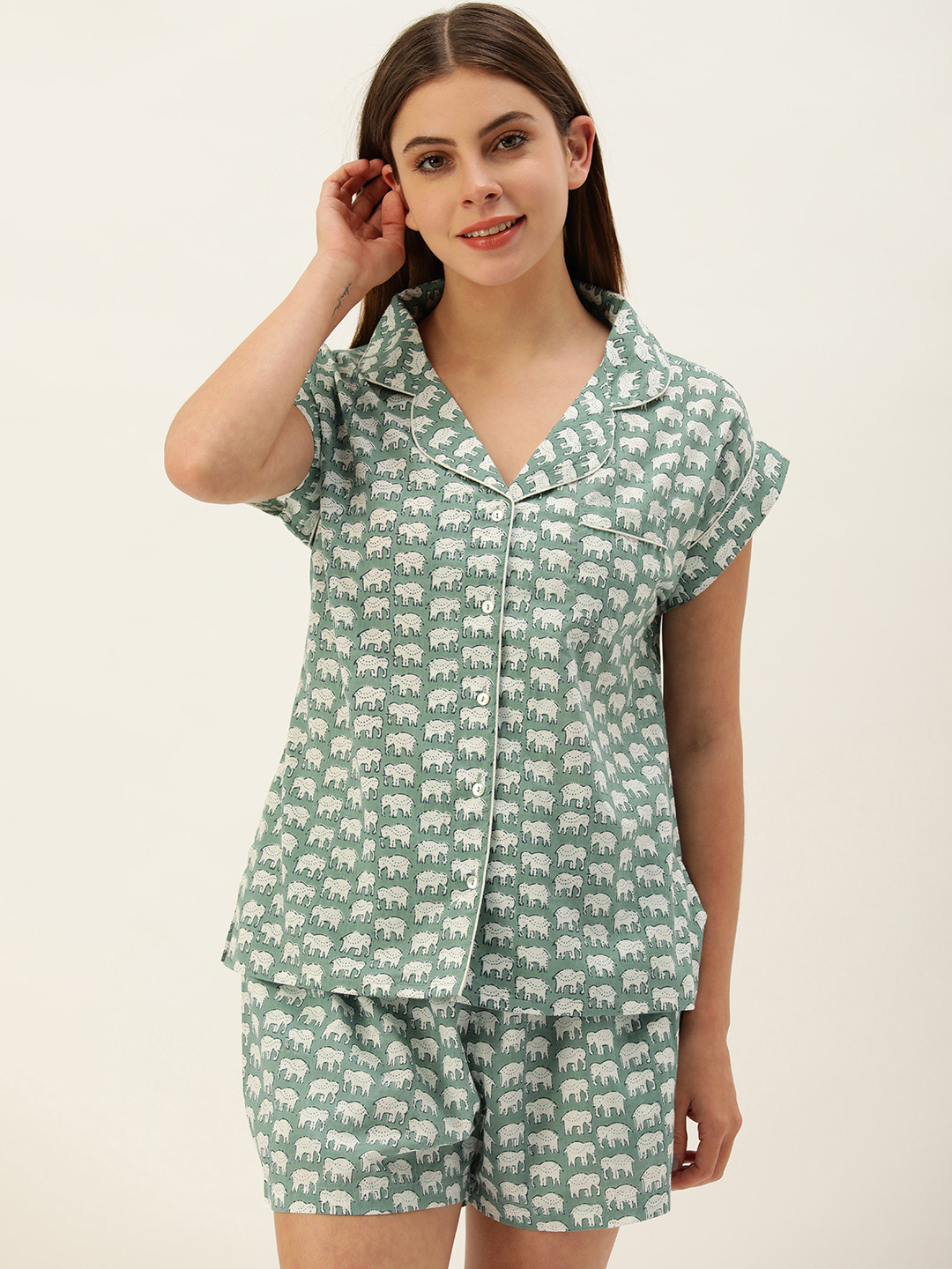 

SANSKRUTIHOMES Women Green & White Printed Night suit