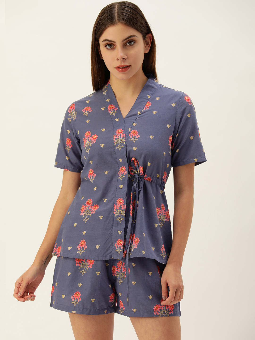 

SANSKRUTIHOMES Women Blue & Pink Printed Night suit