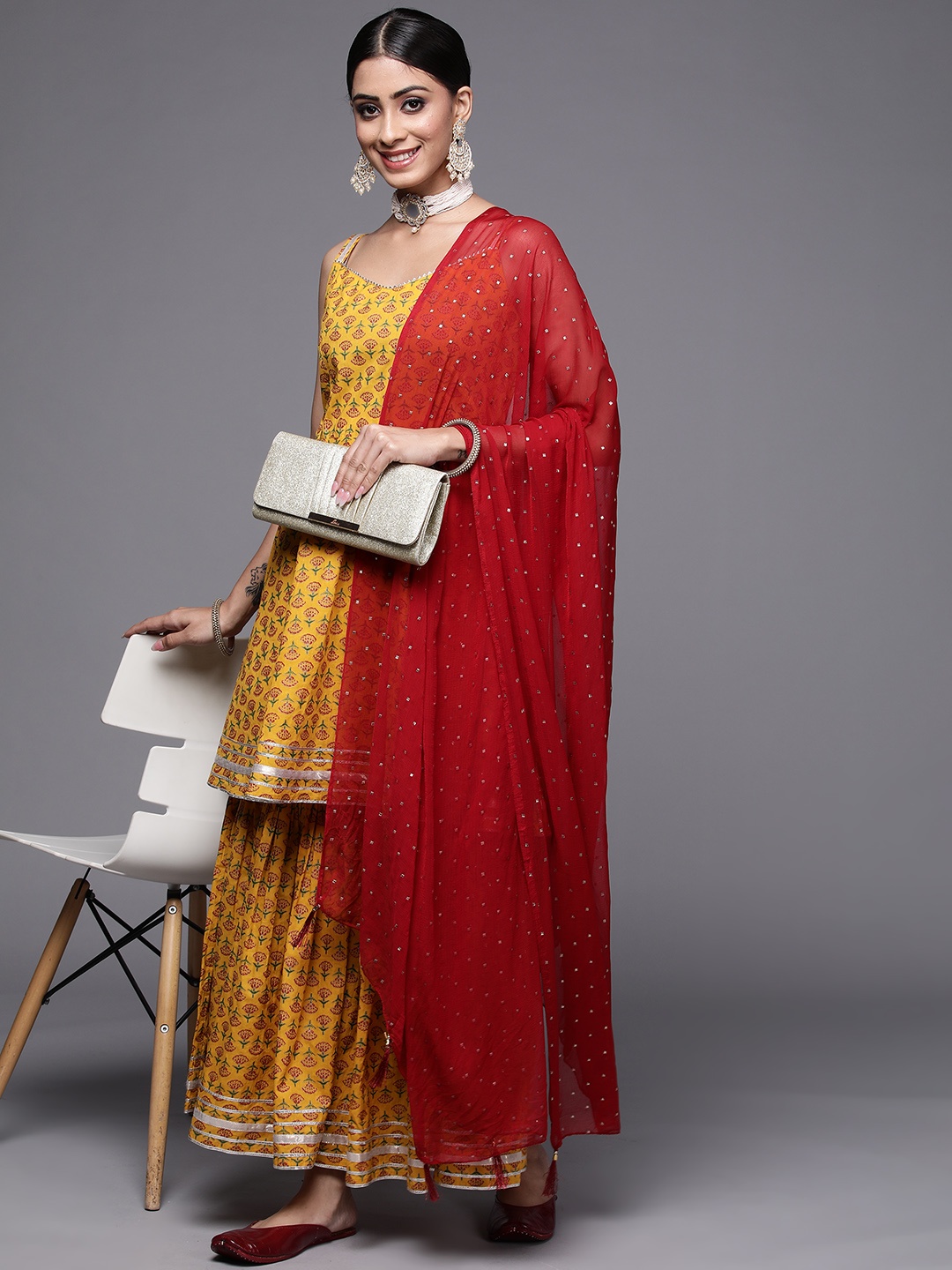 

Varanga Women Mustard Yellow Ethnic Motifs Printed Pure Cotton Kurta with Sharara & With Dupatta