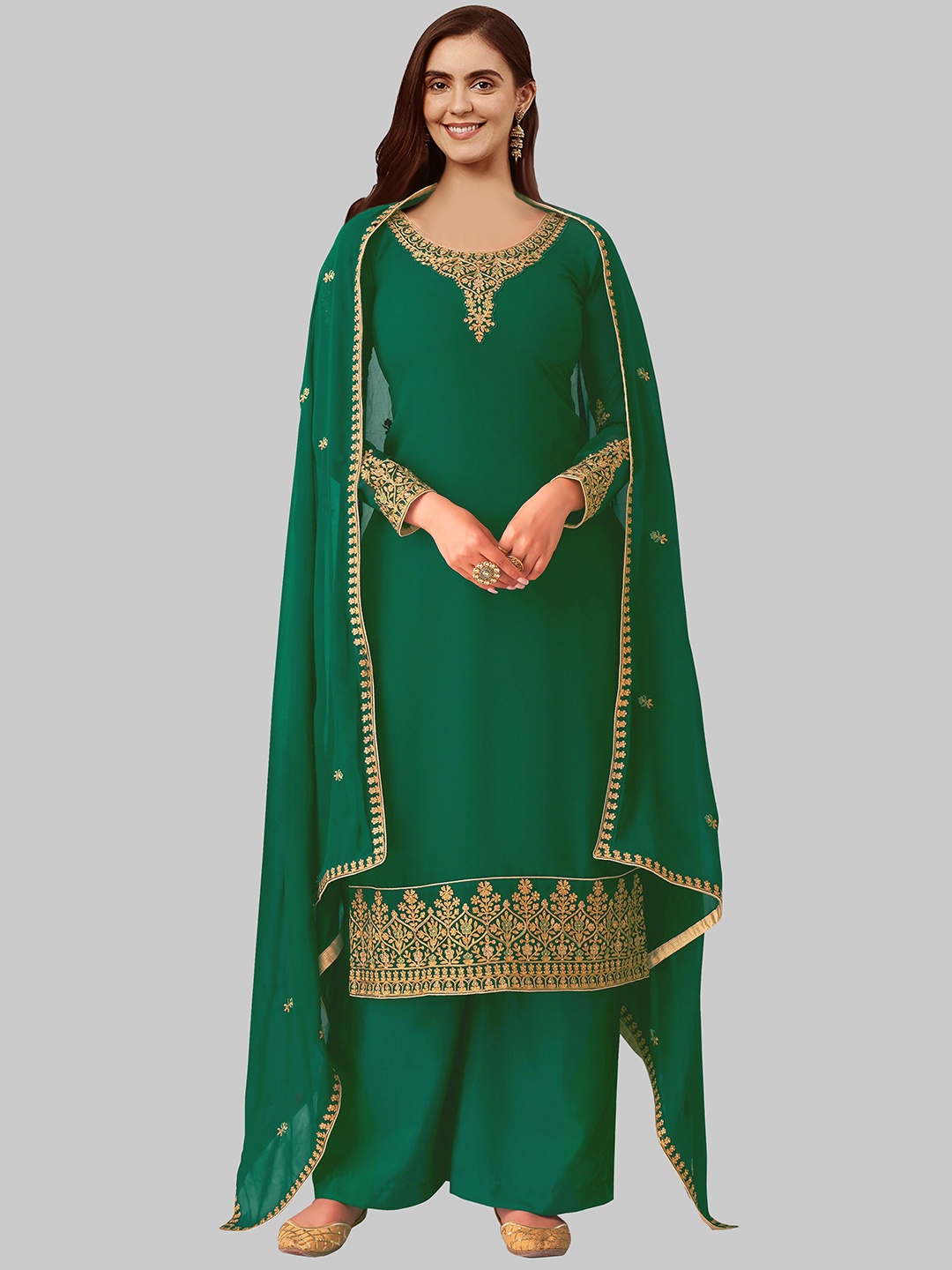 

Fashionuma Green & Gold-Toned Semi-Stitched Dress Material