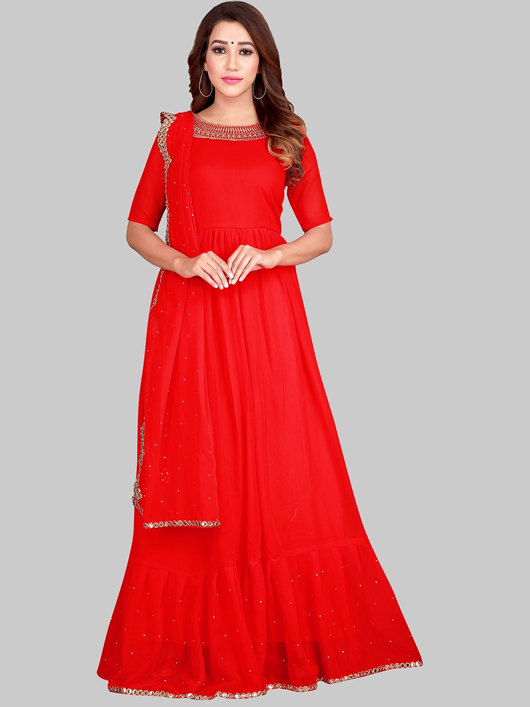 

Fashionuma Red & Gold-Toned Semi-Stitched Dress Material