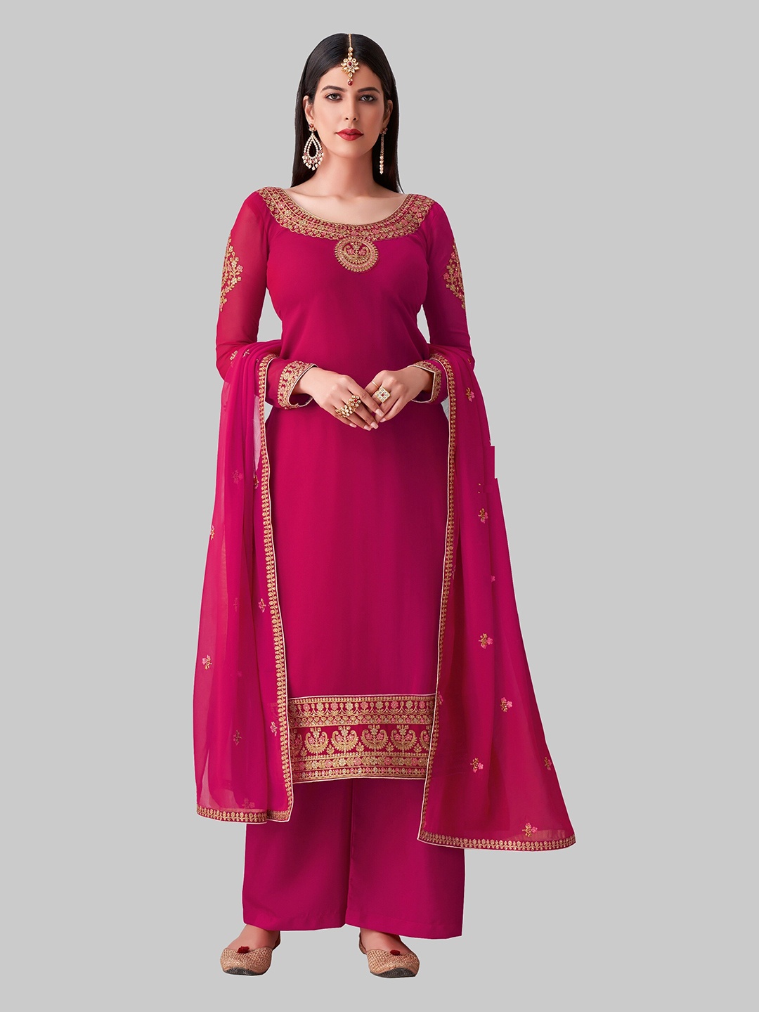 

Fashionuma Pink & Gold-Toned Semi-Stitched Dress Material