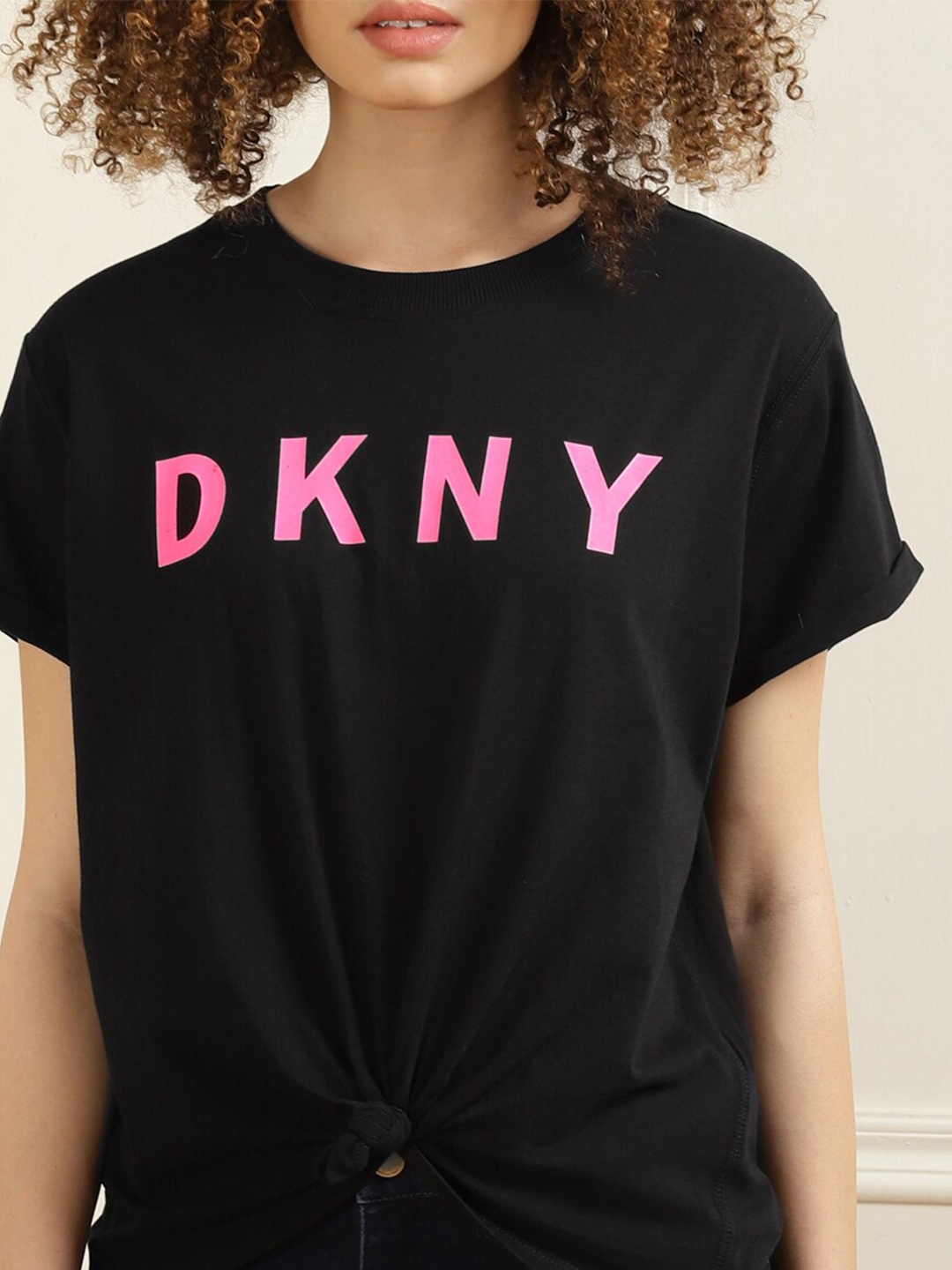 

DKNY Women Black & Pink Typography Printed T-shirt