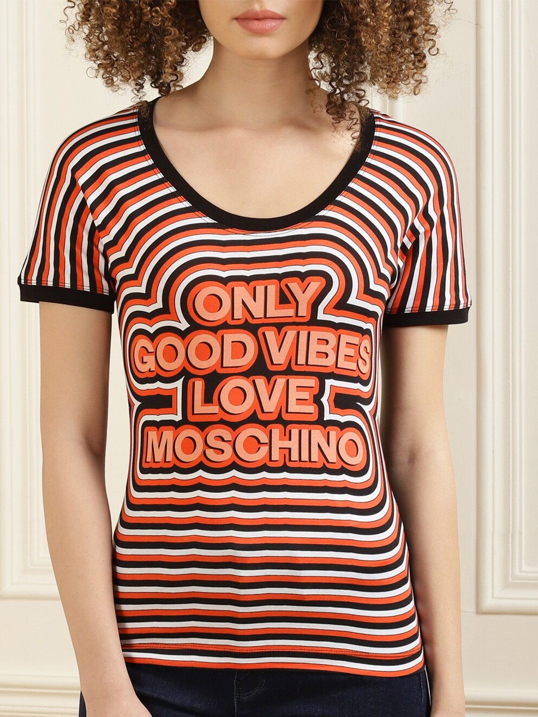 

LOVE MOSCHINO Black & Red Striped And Quote Top