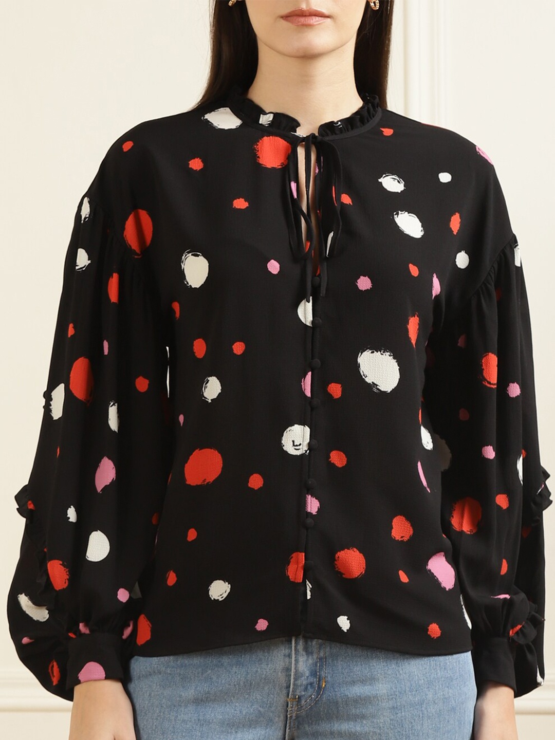 

Ted Baker Black Print Mandarin Collar Top