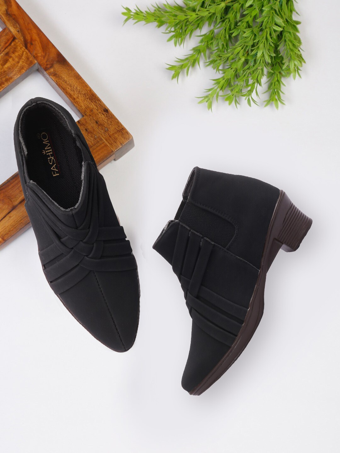 

FASHIMO Women Black Self Design Block Heel Boot