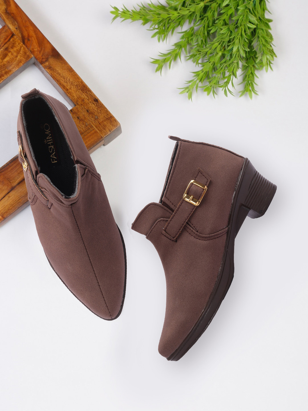 

FASHIMO Women Brown Block Heel Boot With Buckle Detail
