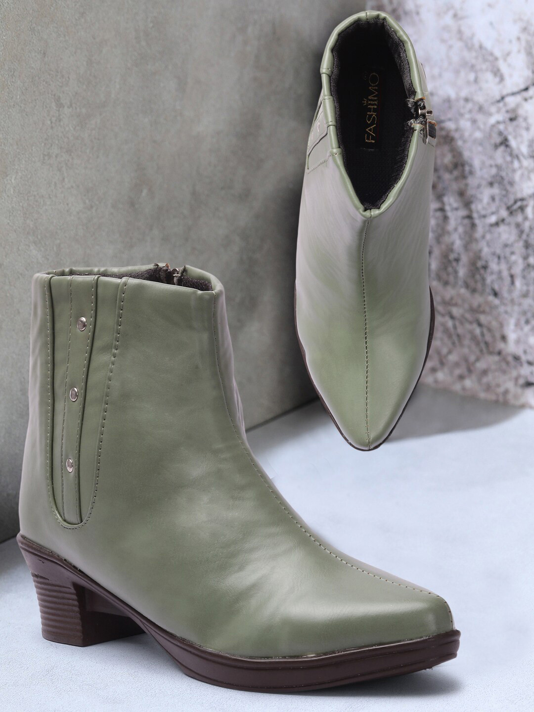 

FASHIMO Women Olive Green High Ankle Zipper Block Boots
