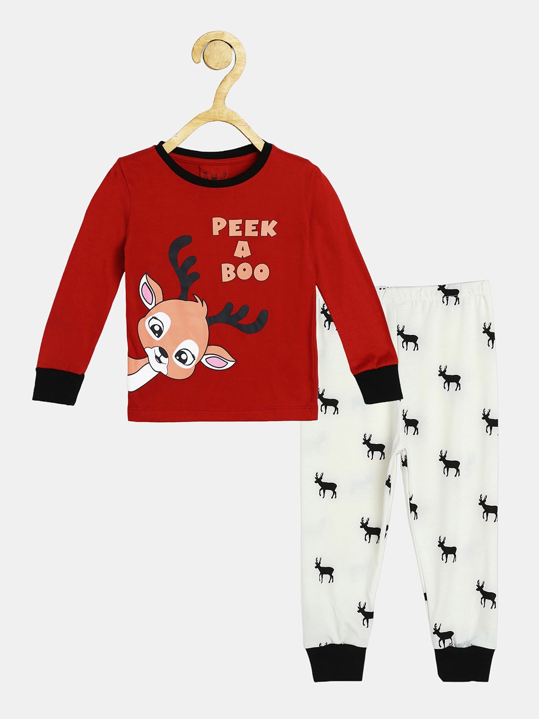

Wyld Sprog Girls Red & White Printed Night suit