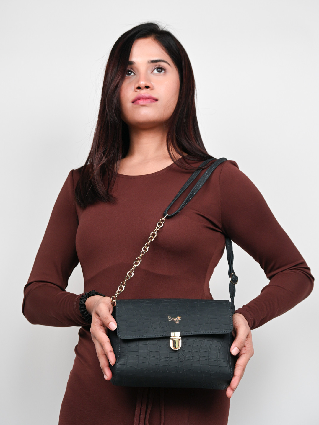 

Baggit Navy Blue Textured Structured Sling Bag