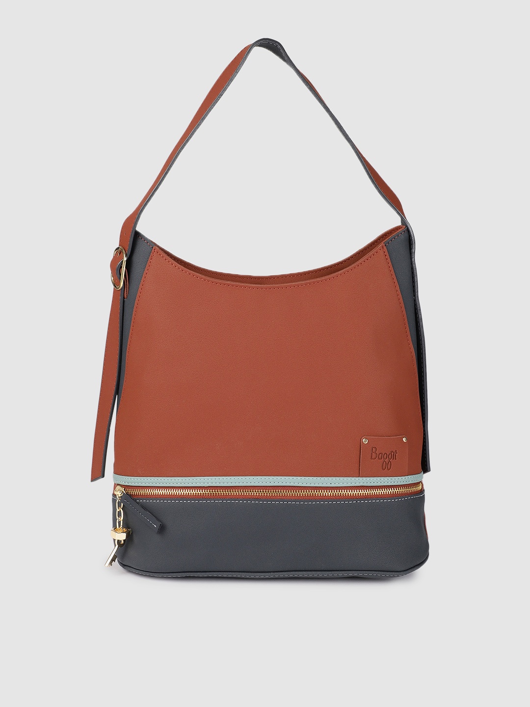 

Baggit Brown and Navy Blue Colourblocked Structured Hobo Bag