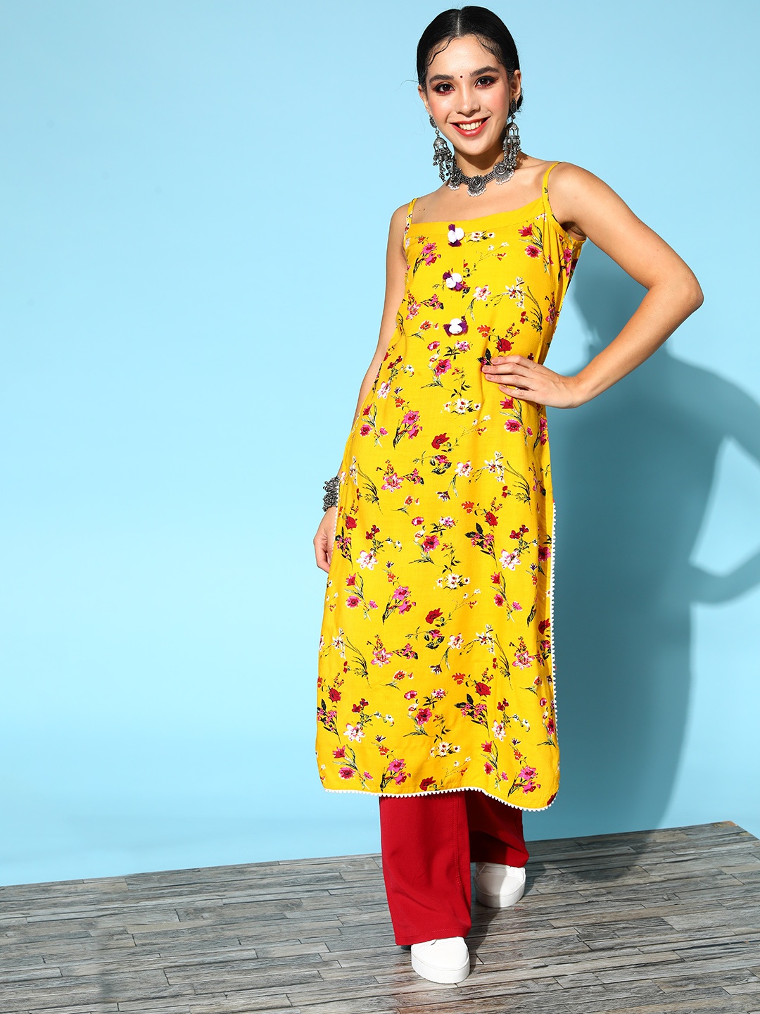 

Varanga Women Lovely Mustard Viscose Rayon Print Parade Kurta