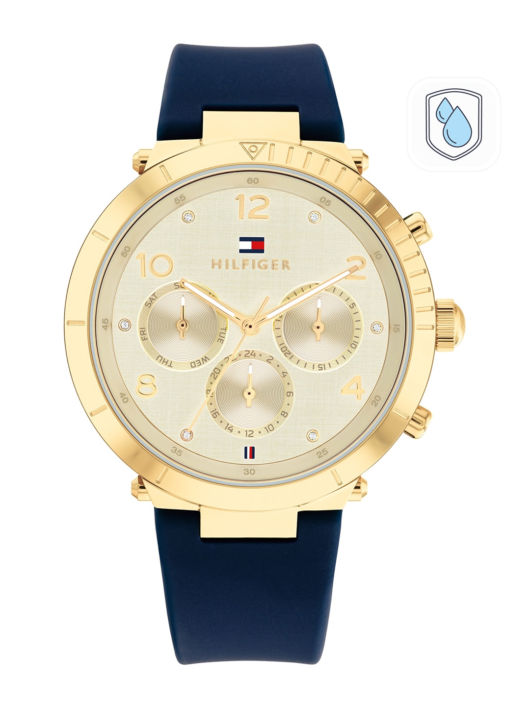 

Tommy Hilfiger Women Gold-Toned Dial & Blue Leather Straps Analogue Chronograph Watch TH1782491W