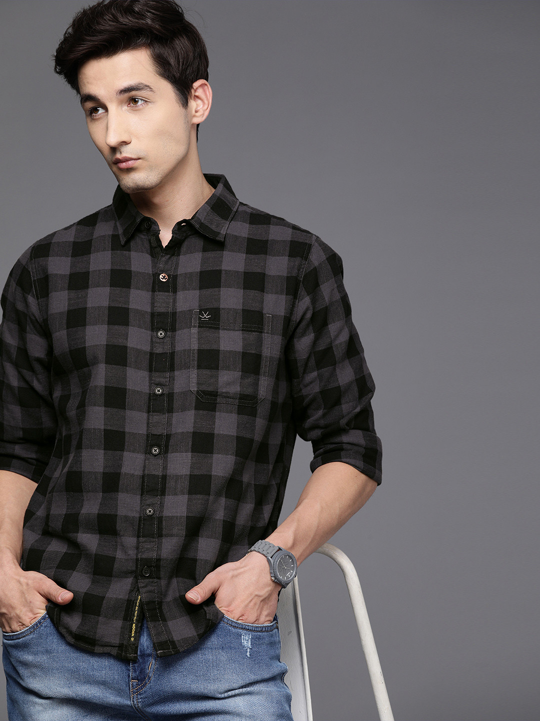 

WROGN Men Black Checked Slim Fit Pure Cotton Casual Shirt