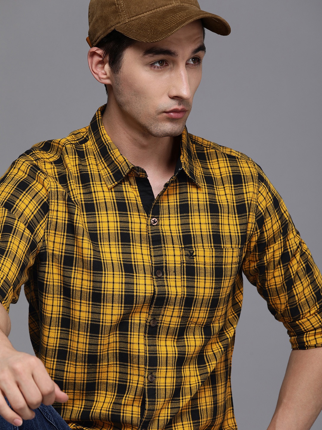 

WROGN Men Yellow & Black Tartan Checks Slim Fit Pure Cotton Casual Shirt