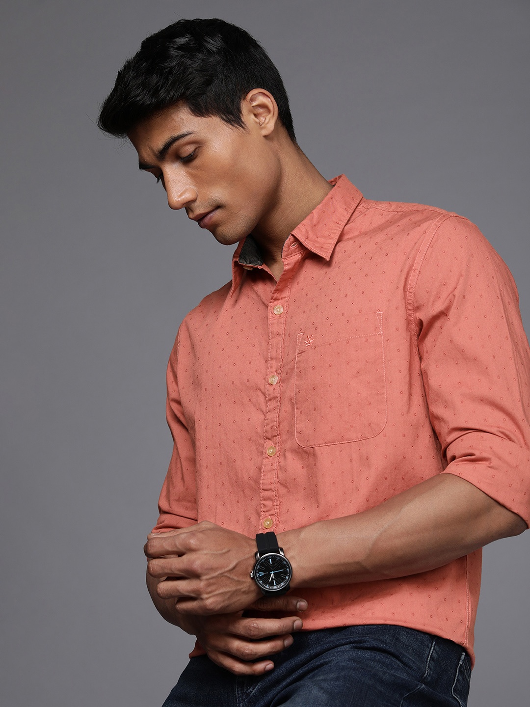 

WROGN Men Peach Slim Fit Micro Ditsy Opaque Self Design Pure Cotton Casual Shirt