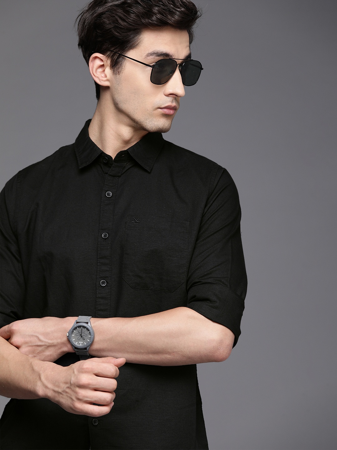 

WROGN Men Black Solid Slim Fit Pure Cotton Casual Shirt