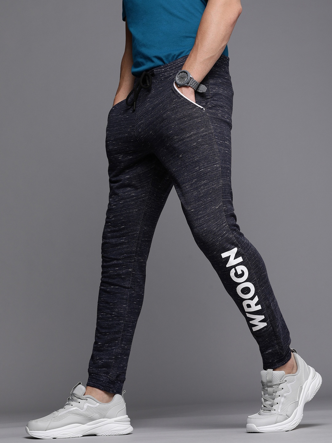 

WROGN Men Navy Blue And White Brand Logo Printed Slim Fit Regular Joggers