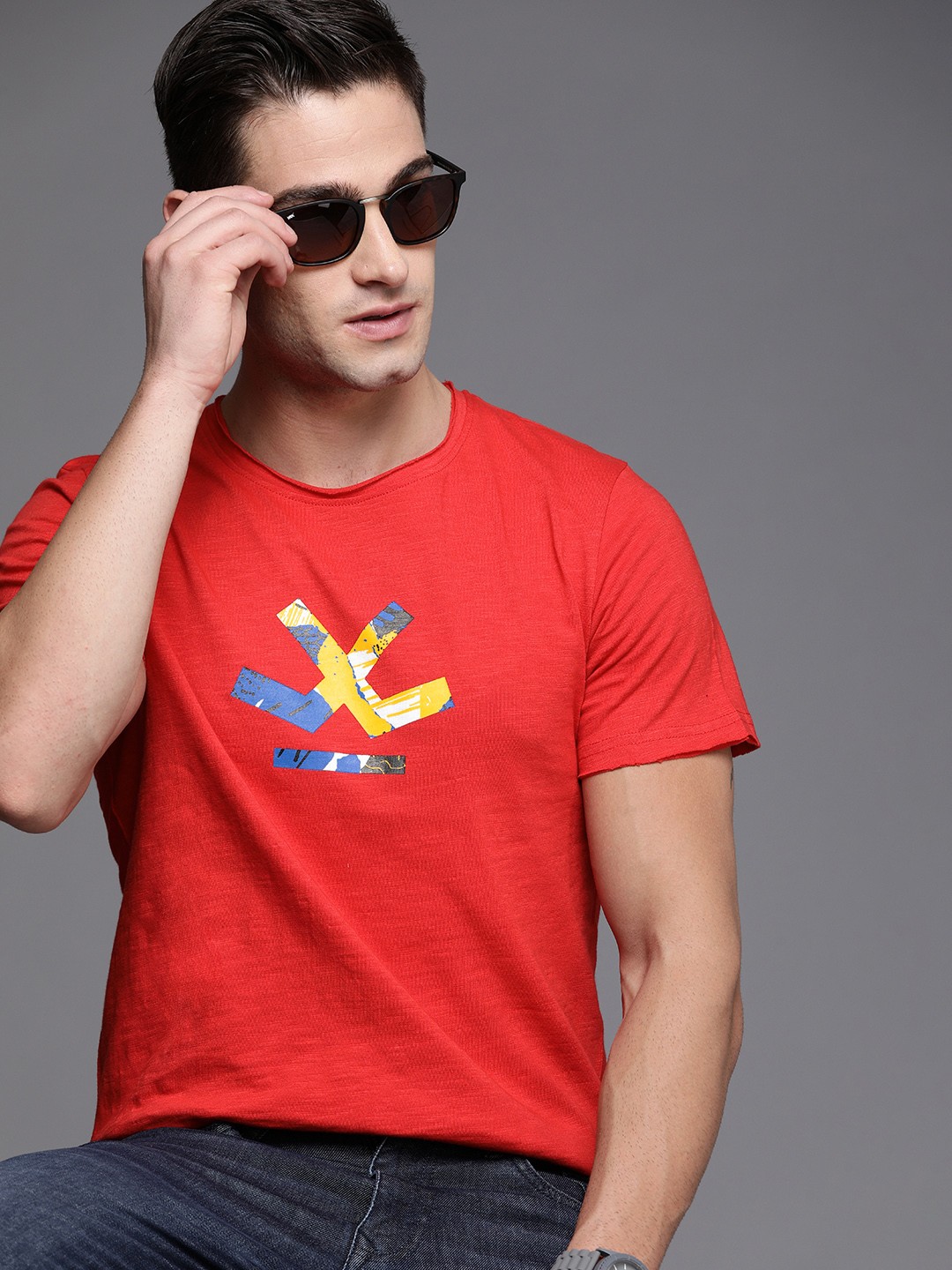 

WROGN Men Red Printed Pure Cotton T-shirt