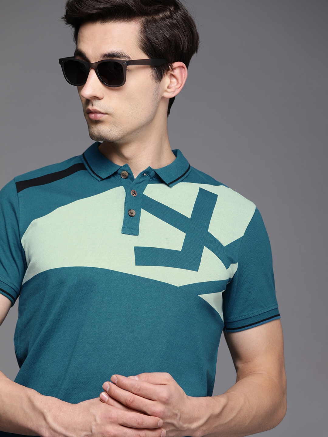 

WROGN Men Blue Polo Collar Pure Cotton T-shirt