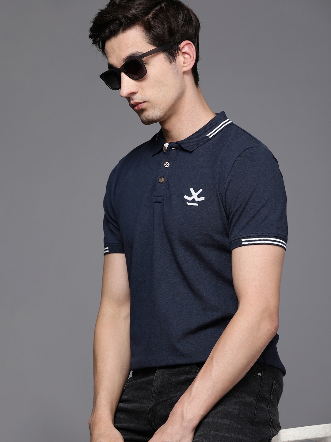 

WROGN Men Navy Blue Embroidered Polo Collar Slim Fit T-shirt