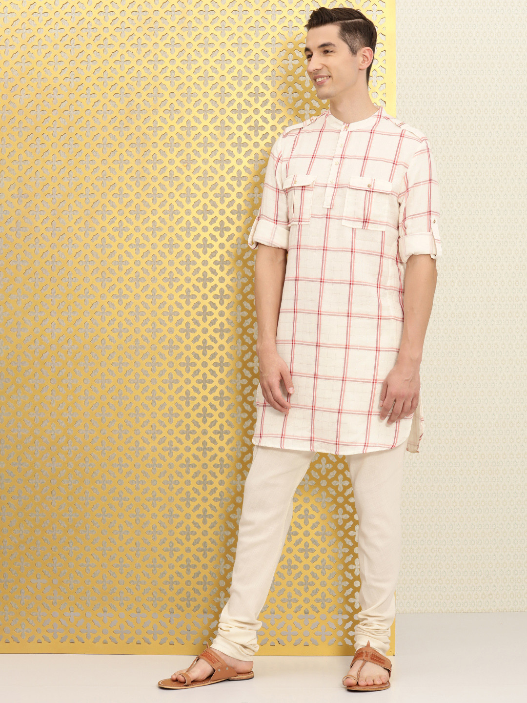 

Ode by House of Pataudi Men Off White & Red Checked Pathani Kurta with Zari Detail