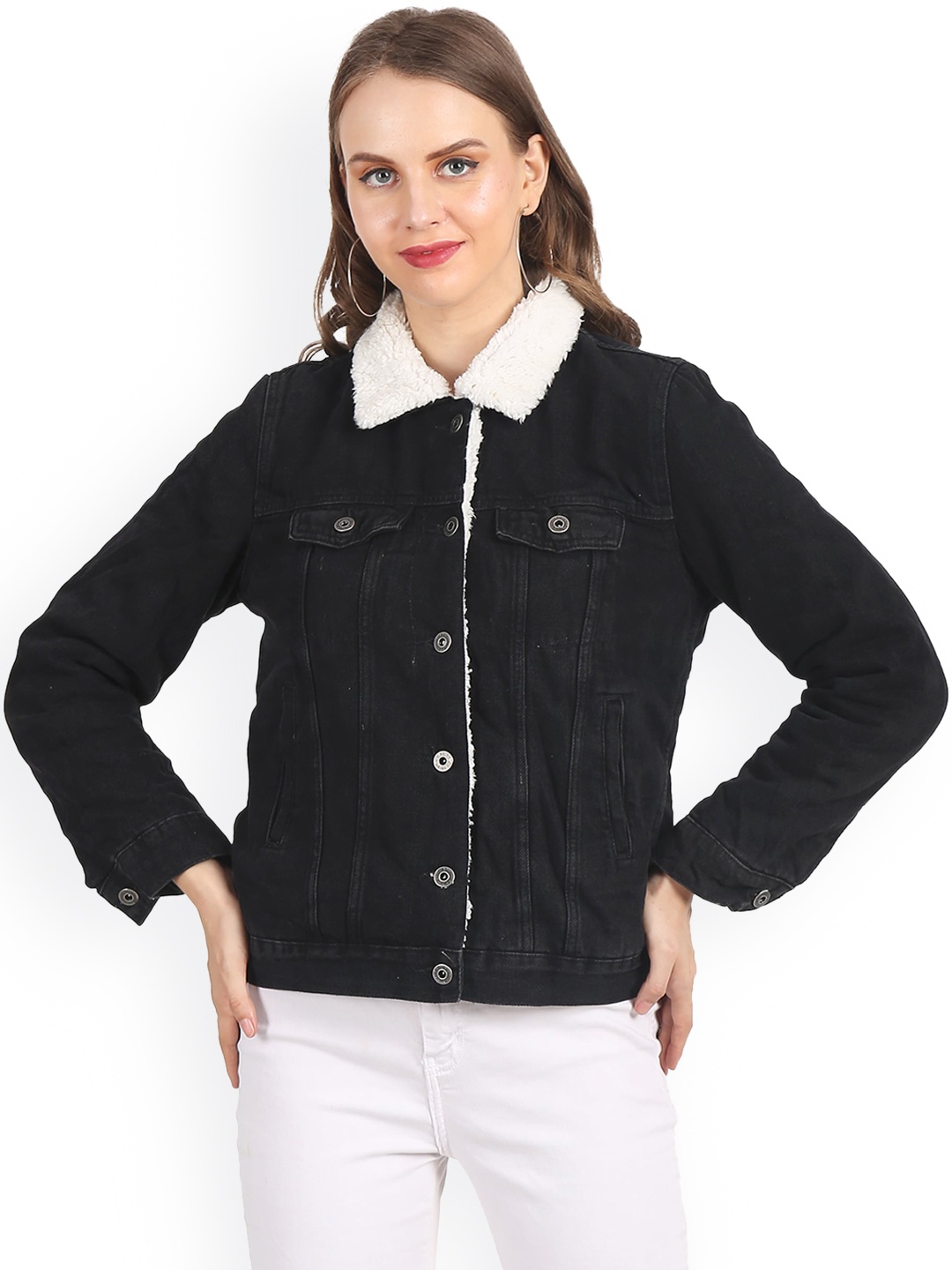 

NoBarr Women Black Striped Crop Denim Jacket