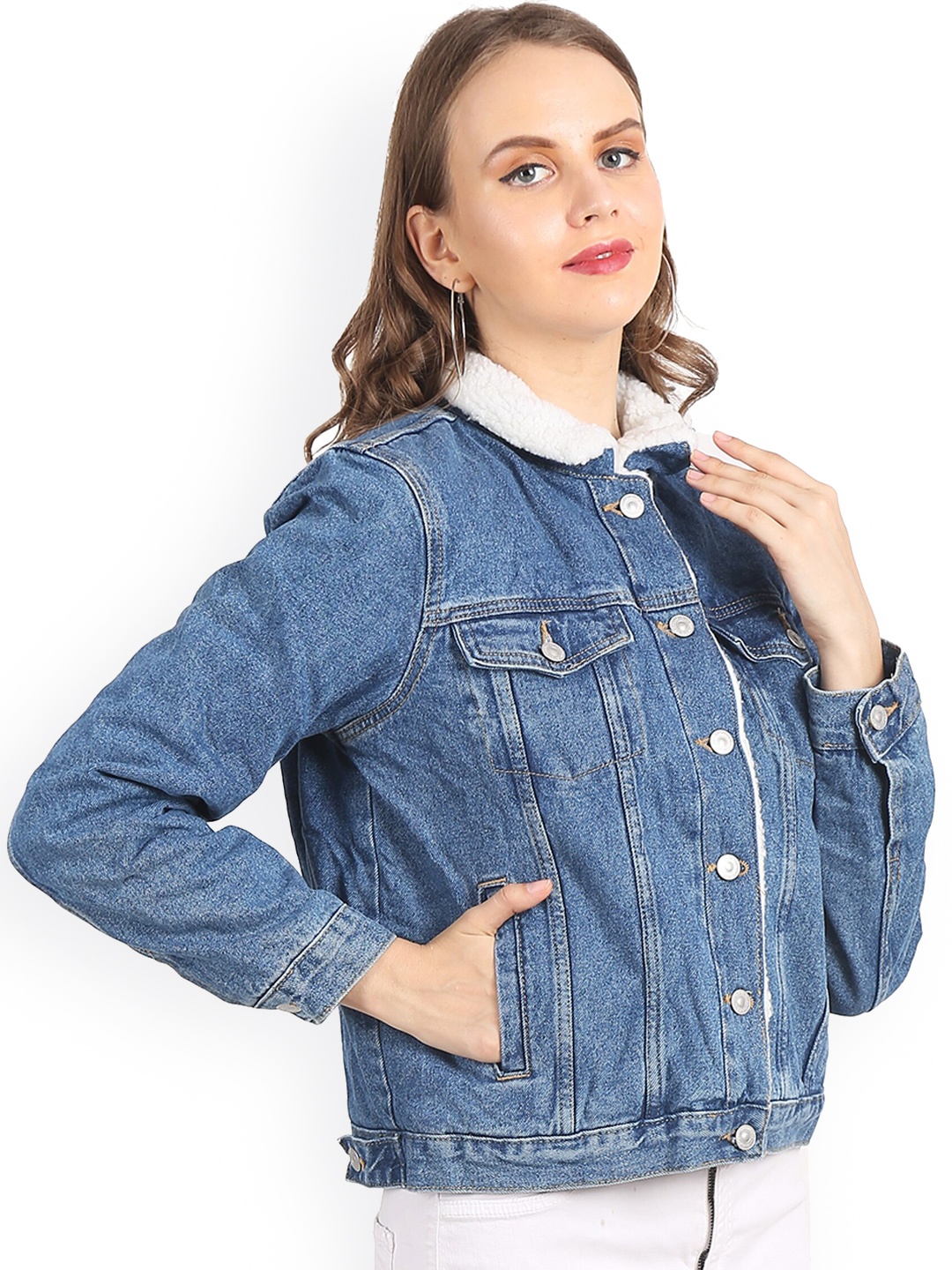 

NoBarr Women Blue Washed Crop Denim Jacket