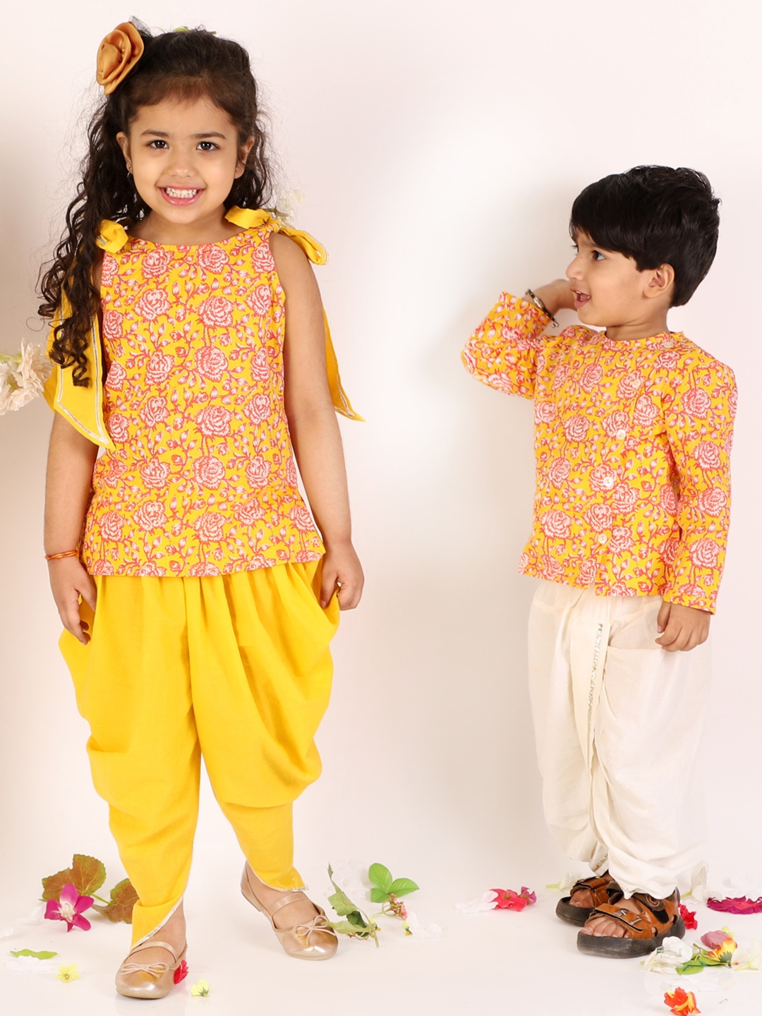 

LIL DRAMA Boys Orange Floral Printed Pure Cotton Kurta with Dhoti Pants