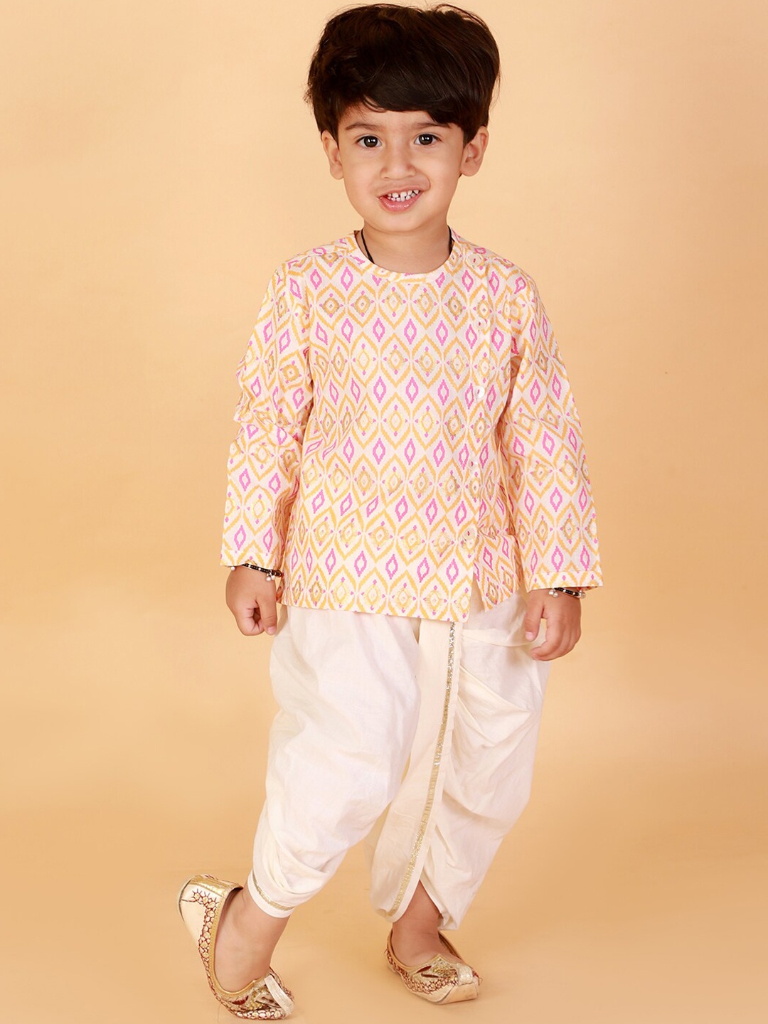 

LIL DRAMA Boys Peach-Coloured Ethnic Motifs Printed Pure Cotton Kurta with Dhoti Pants