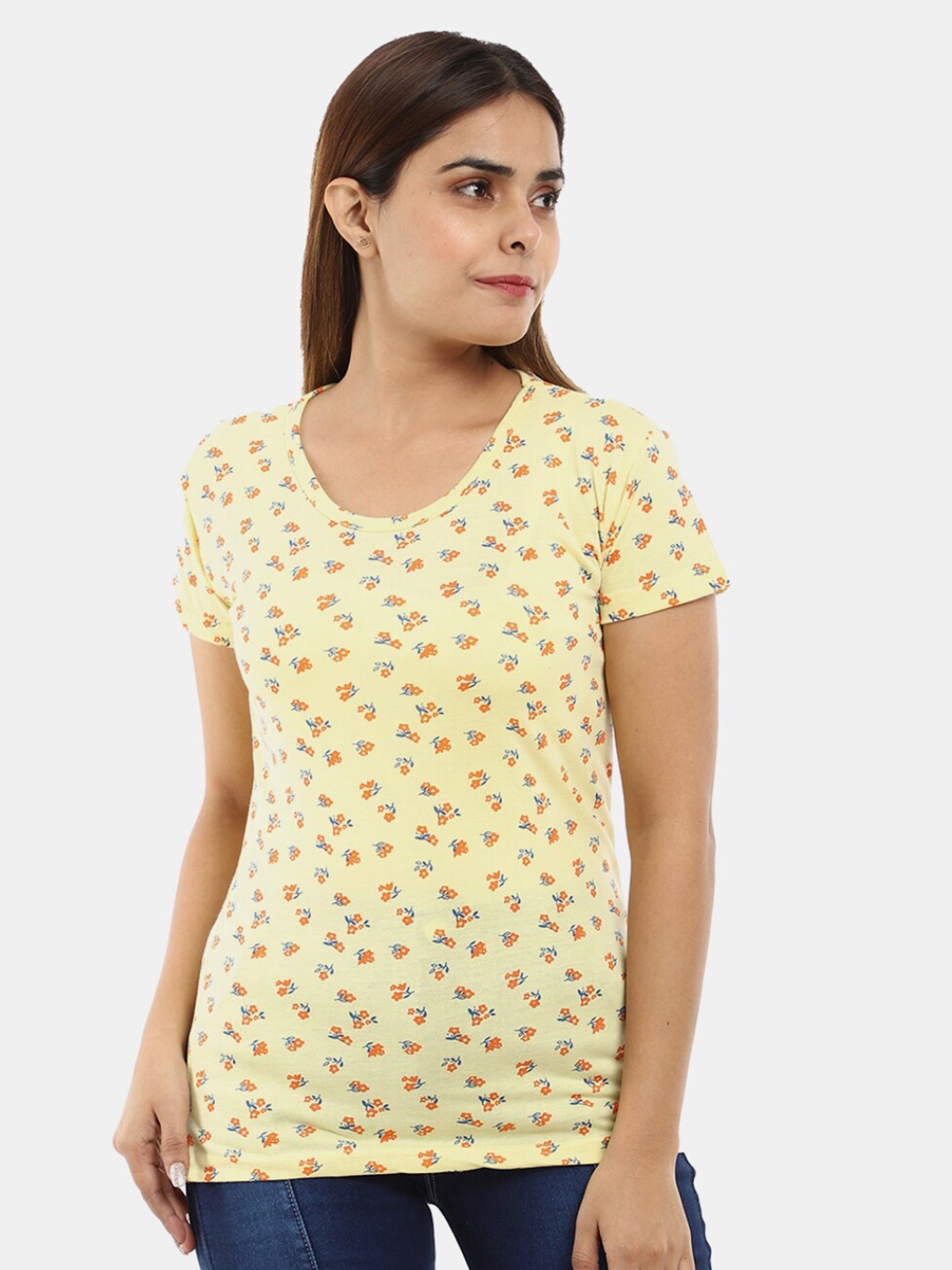 

V-Mart Women Yellow Printed Raw Edge T-shirt