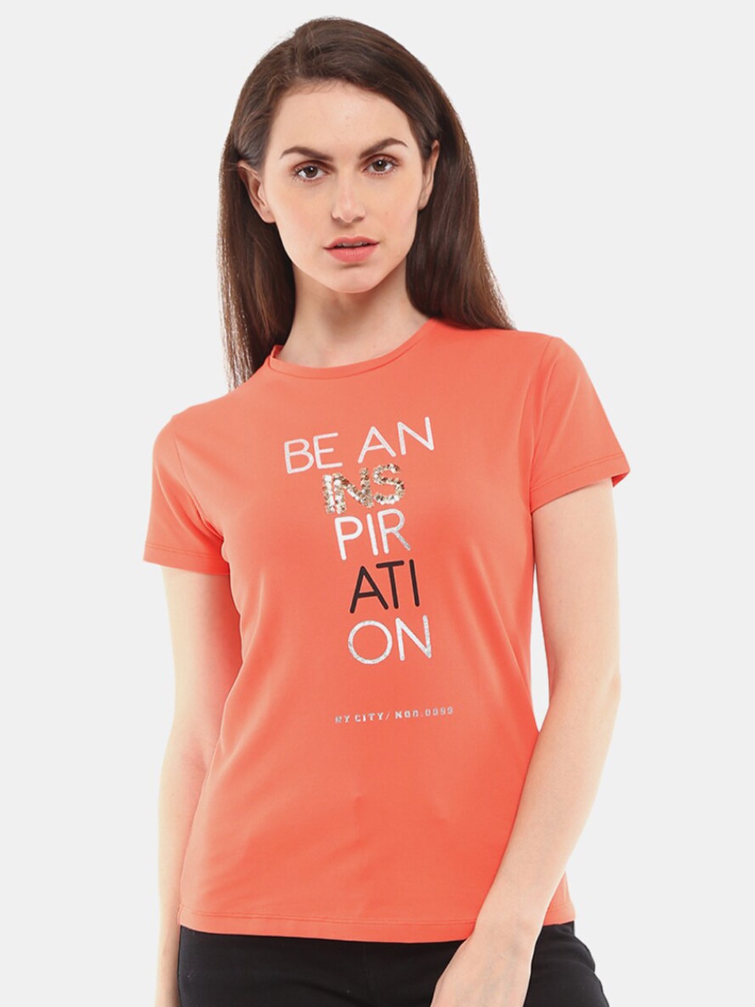 

V-Mart Women Orange Typography Printed T-shirt