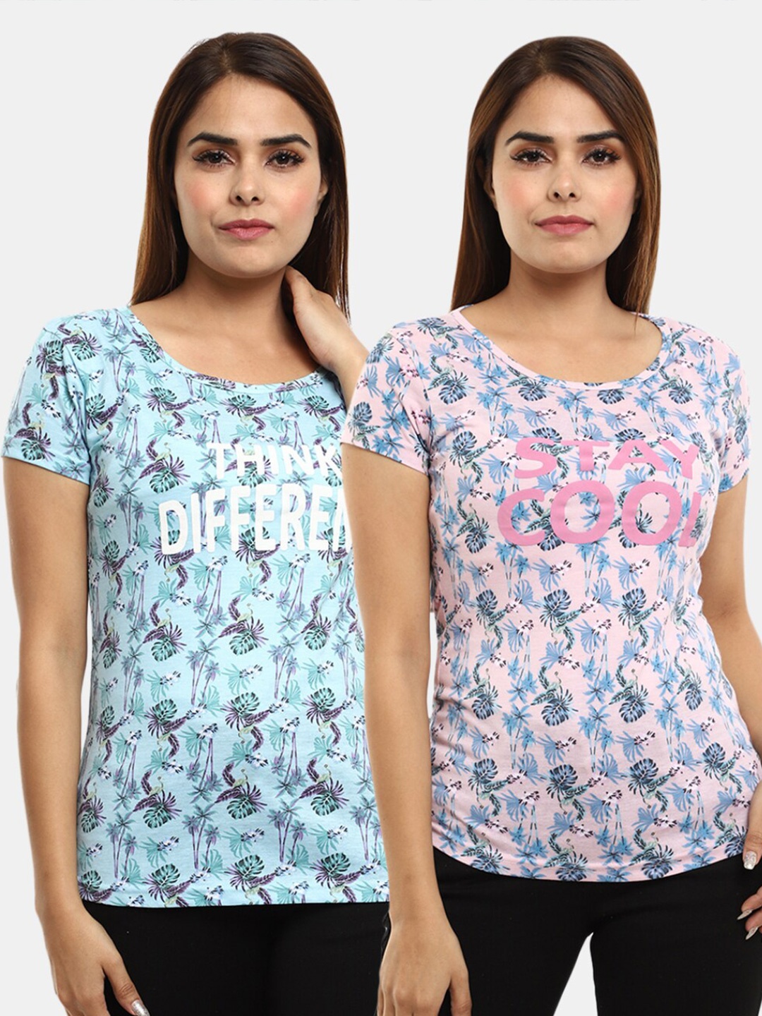 

V-Mart Women Blue Floral 2 Printed T-shirt