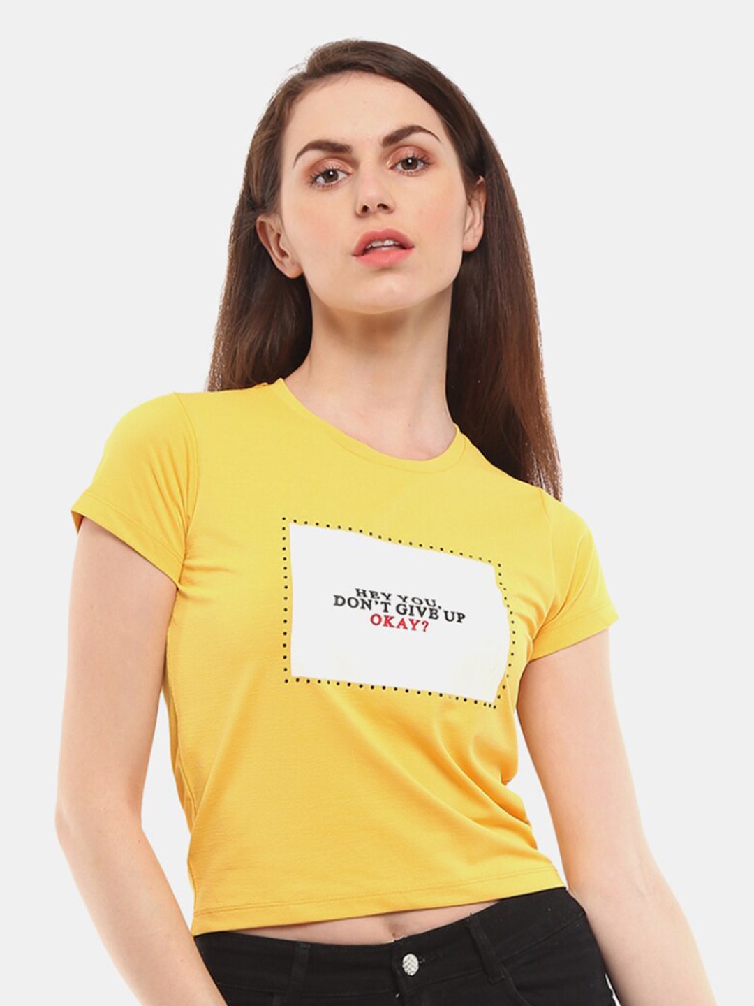 

V-Mart Women Mustard Yellow Typography Printed T-shirt