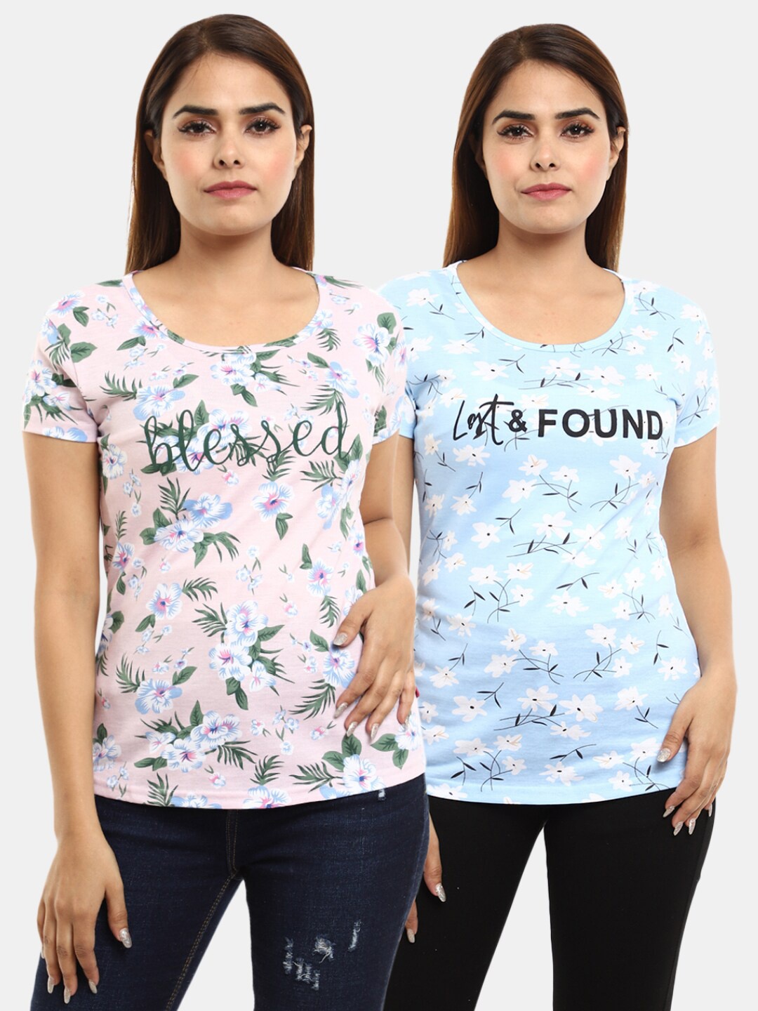 

V-Mart Women Blue Floral 2 Printed Raw Edge T-shirt