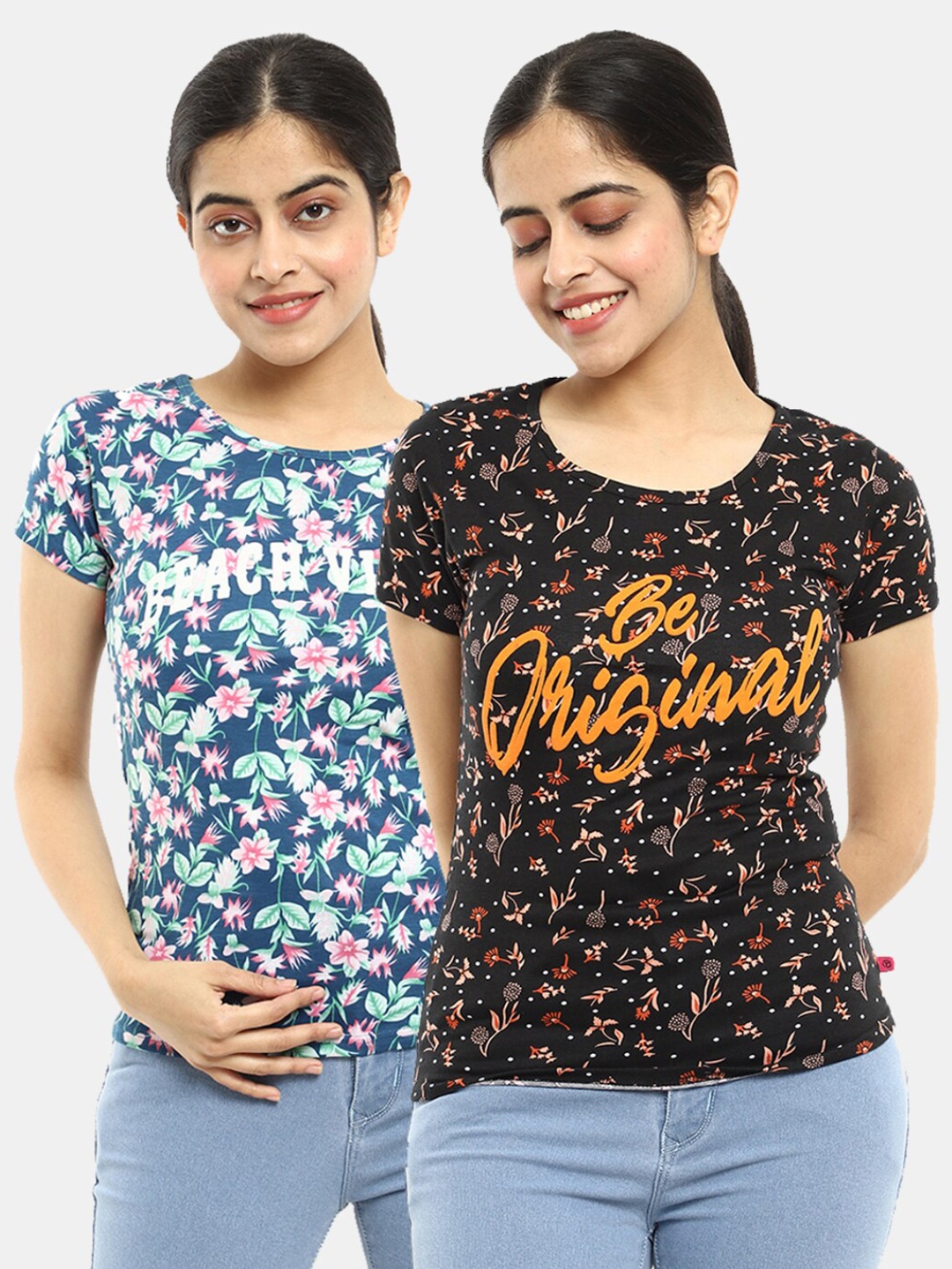 

V-Mart Women Black 2 Printed Extended Sleeves T-shirt