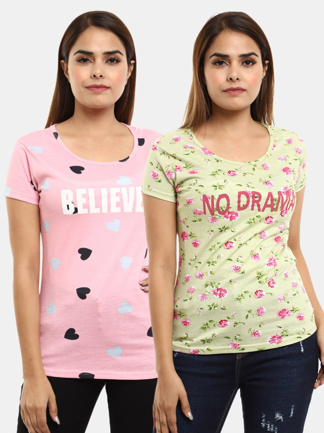 

V-Mart Women Pink Floral 2 Printed T-shirt
