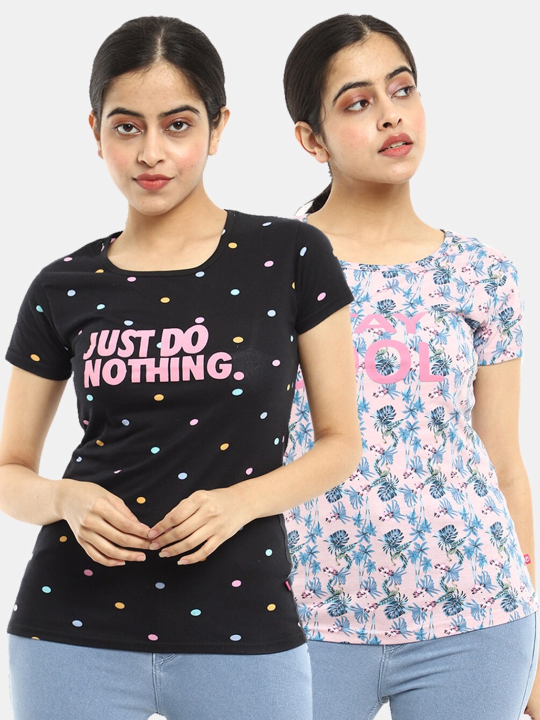

V-Mart Women Pink & Black 2 Printed T-shirt