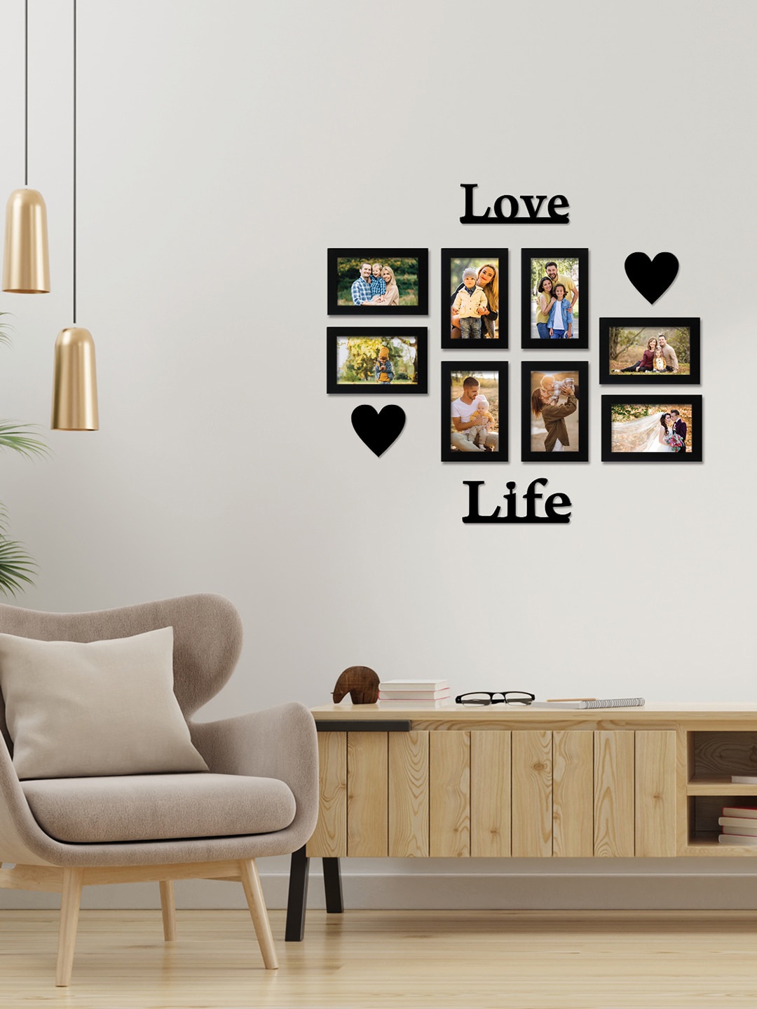 

RANDOM Set of 8 Black Individual Photo Frames with Love & Life Plaque