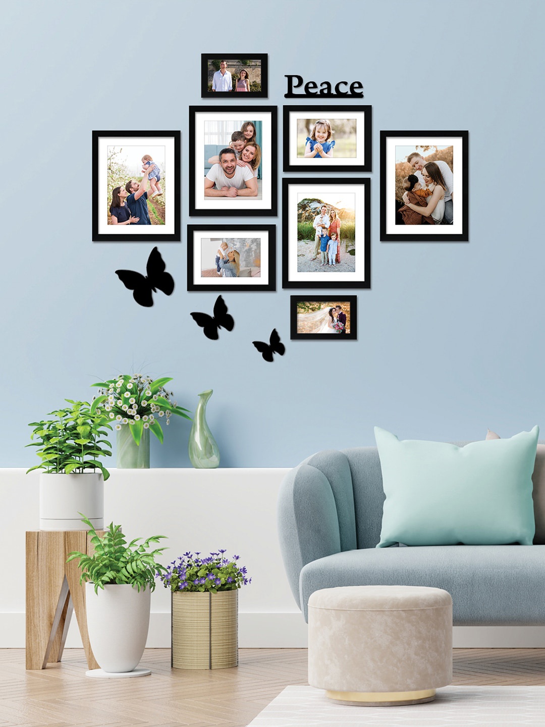 

RANDOM Set Of 8 Black Solid Wall Photo Frames With Butterfly & Peace Plaque